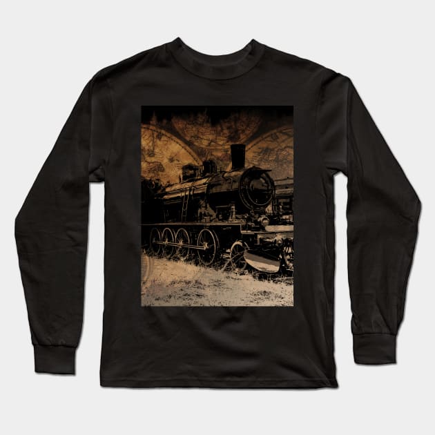 World Steam Travel - Steam Train and World Map Long Sleeve T-Shirt by Highseller